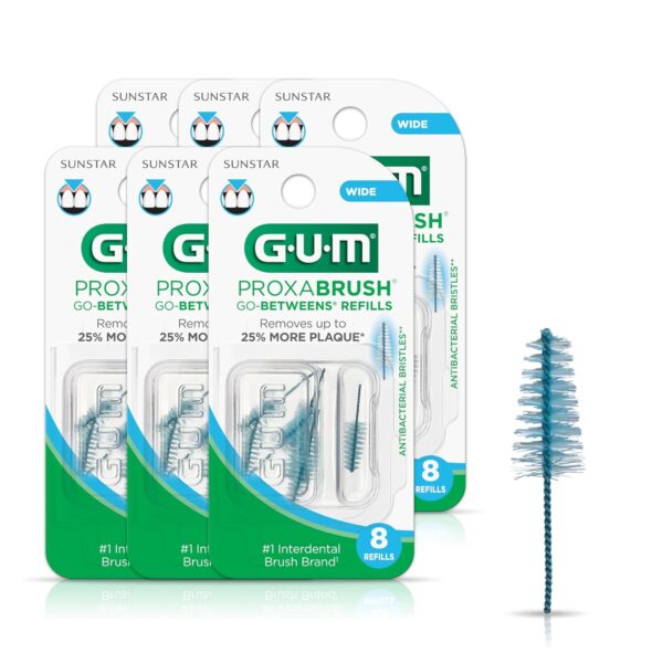 GUM Proxabrush Go-Betweens Refills - Wide - Compatible with GUM Permanent Handle - Reusable Interdental Brushes - Soft Bristled Dental Picks, 8ct(6pk)