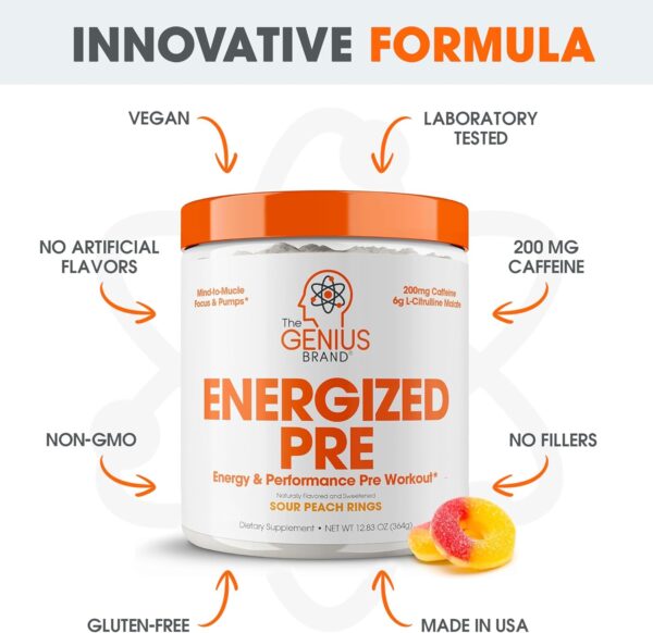 Genius Energized Pre Workout Powder, Sour Peach Rings - Caffeine Infused Pre-Workout Booster Supplement with Beta Alanine & Alpha GPC - No Artificial Sweetener or Dyes – 200mg Caffeine