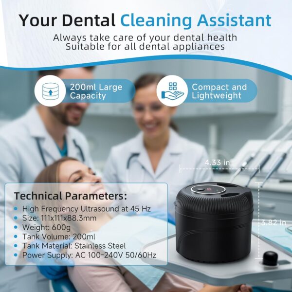 Ultrasonic Retainer Cleaner, 45kHz Retainer Cleaner Machine for Dentures, Mouth Guards, Aligner, Toothbrush Heads, Jewelry, 4 Modes Denture Cleaner with Digital Timer & 200ML Dental Cleaning Pod