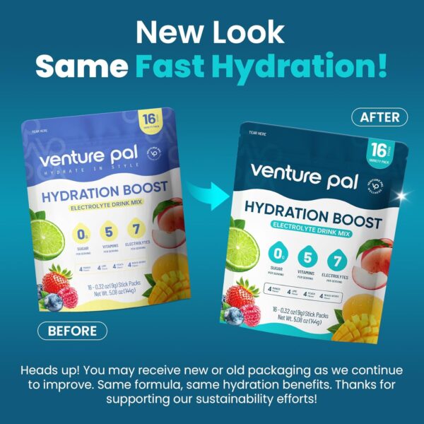 Venture Pal Sugar Free Electrolyte Powder Packets - Liquid Daily IV Hydration Packets | Electrolytes Drink Mix with 5 Vitamins & 7 Electrolytes | Keto Friendly | Non-GMO | Certified Vegan | 16 Sticks