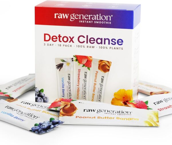Raw Generation Instant Smoothie Detox Gut Cleanse | Healthy Weight Management | 100% Raw Natural Juice - No Added Sugar | Convenient On-the-Go | 3-Day Juice Cleanse | 18 Superfood Drink Powder Packets