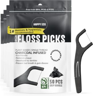 Biodegradable Floss Picks (200pcs) - Natural Dental Floss - Nontoxic Plant Based Floss Sticks for Adults & Kids - Vegan Tooth Pick Flossers - Single Thread Charcoal
