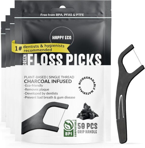 Biodegradable Floss Picks (200pcs) - Natural Dental Floss - Nontoxic Plant Based Floss Sticks for Adults & Kids - Vegan Tooth Pick Flossers - Single Thread Charcoal
