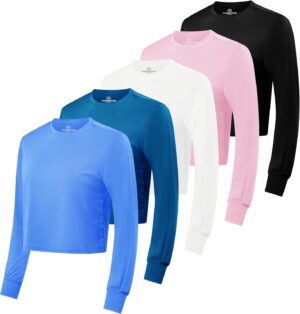 Real Essentials 5 Pack: Women's Dry Fit Crop Top - Long Sleeve Crew Neck Stretch Athletic Tee (Available in Plus Size)