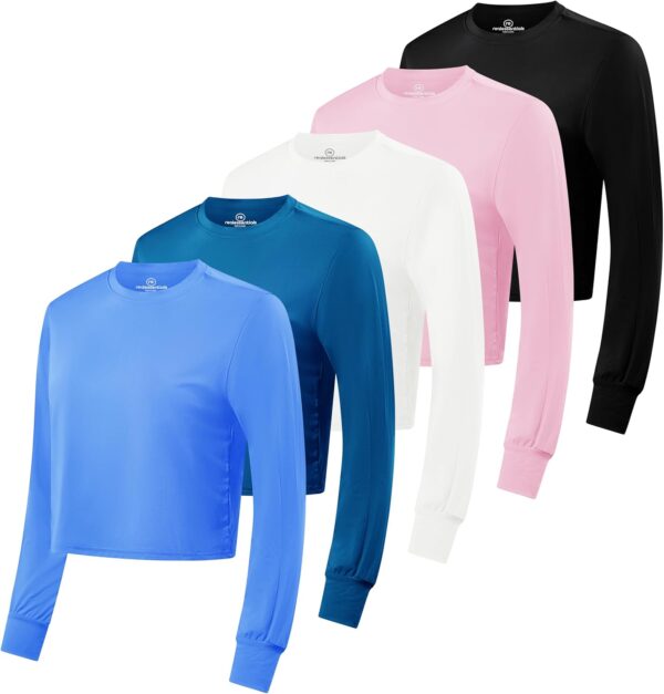 Real Essentials 5 Pack: Women's Dry Fit Crop Top - Long Sleeve Crew Neck Stretch Athletic Tee (Available in Plus Size)