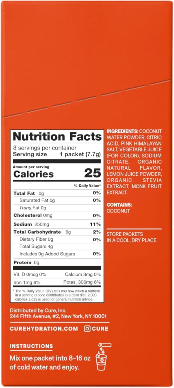 Cure Hydration | Plant-Based Electrolyte Drink Mix | No Added Sugar | FSA & HSA | Dehydration Relief Powder Made with Coconut Water | Non-GMO | Vegan | Box of 8 Packets - Blood Orange