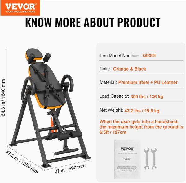 VEVOR Inversion Table, 300lbs Capacity Heavy Duty Inversion Table, Decompression Back Stretcher Machine, Strength Training Equipment with Headrest, Ankle Lock, Adjustable Protective Belt