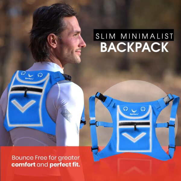 Blue Running Mini Backpack Vest for Men & Women – Reflective with 360° Hi-Viz, Holds Accessories, iPhone, Android, iPad Mini – Lightweight, Adjustable Gear for Fitness, Walking, Cycling, Hiking