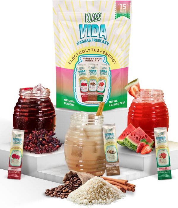 Hydration + Energy Sugar-Free Powder Packets |Electrolyte Agua Fresca Drink Mix, Caffeine & Theanine |Hibiscus, Horchata, Strawberry Watermelon |15 Single Serve Sticks |Low Calorie