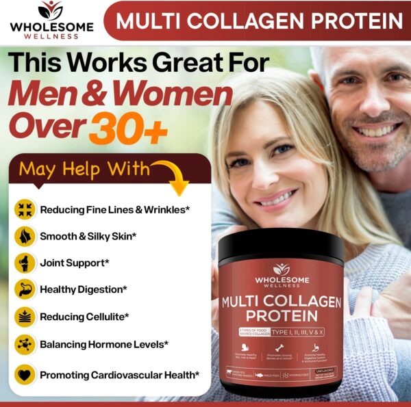 Multi Collagen Protein Powder Hydrolyzed (Type I II III V X) Grass-Fed All-in-One Super Bone Broth + Collagen Peptides - Premium Blend of Beef, Chicken, Wild Fish, Eggshell, 58 Servings, Unflavoured