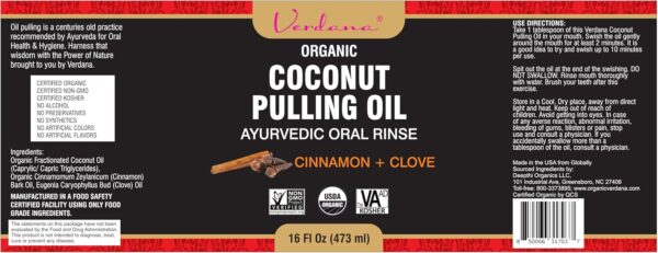 Verdana Organic Coconut Pulling Oil – Big 16 Fl Oz Size – Cinnamon + Clove - Ayurvedic Oral Rinse – USDA Organic, Kosher Non-GMO - Alcohol & Floride Free for Fresh Breath, Healthy Teeth