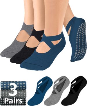 AURUZA Pilates Grip Socks for Women Non Slip Skid Yoga Socks with Grips Straps for Ballet Dance Workout Gripper Socks