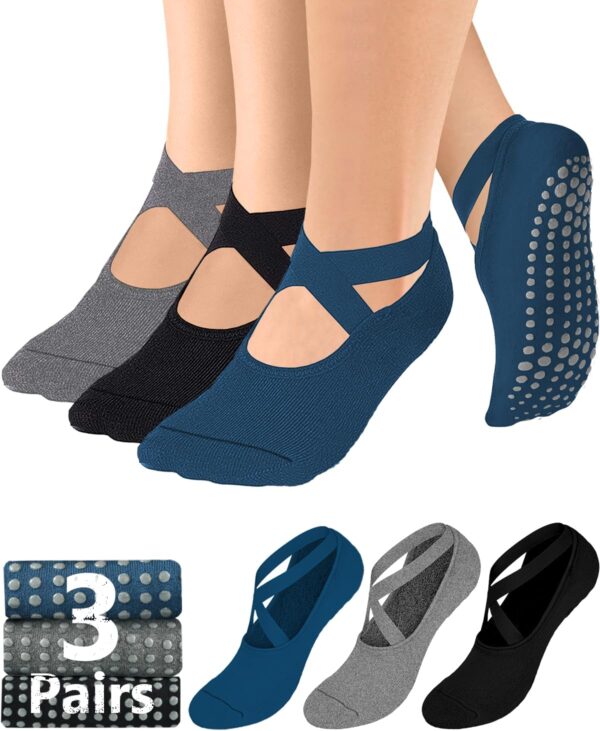 AURUZA Pilates Grip Socks for Women Non Slip Skid Yoga Socks with Grips Straps for Ballet Dance Workout Gripper Socks