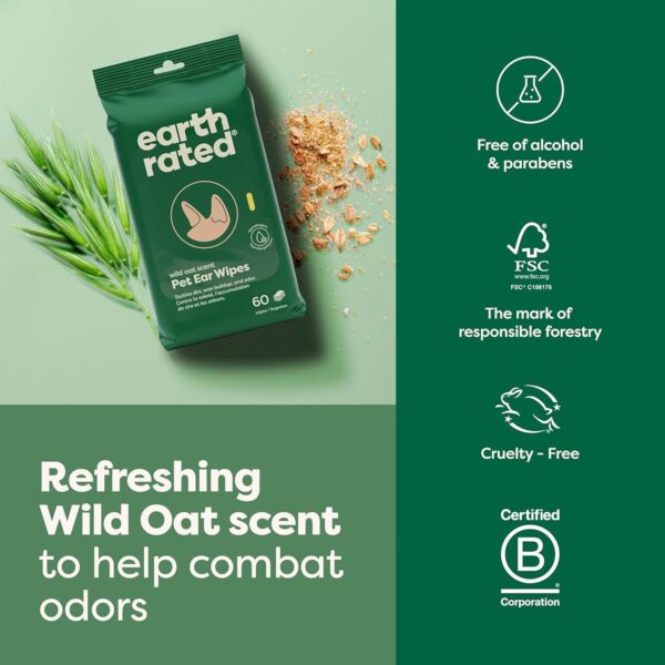 Earth Rated Pet Ear Wipes, Hypoallergenic Cleaner for Dogs & Cats Ears to Remove Dirt and Wax Build Up, Wild Oat Scent, 70 Count