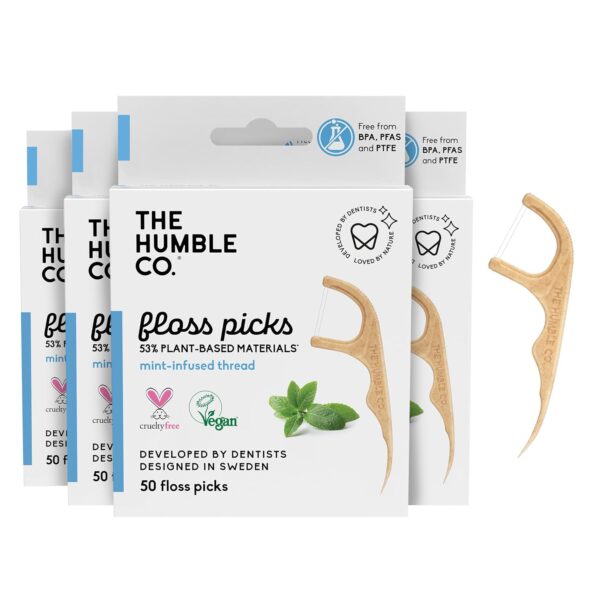 The Humble Co. Floss Picks (200 Count) – Plant Based Dental Floss Picks for Superior Oral Care, Dental Hygiene, and Gum Health, Cruelty Free Tooth Floss Picks (Mint, Double Thread)