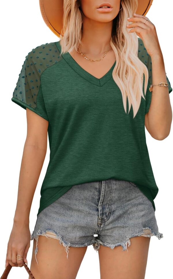 WIHOLL Summer Tops for Women V Neck T-Shirts Swiss Dot Short Sleeve Shirts Casual Fashion Blouses