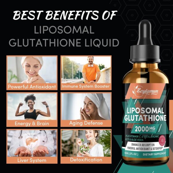 2000MG Liposomal Glutathione Liquid Drops, Enhanced Absorption, Glutathione Supplement, with Vitamin C, Hyaluronic Acid, L-Glutathione, Non-GMO Antioxidant for Liver Detox, 8.08 OZ