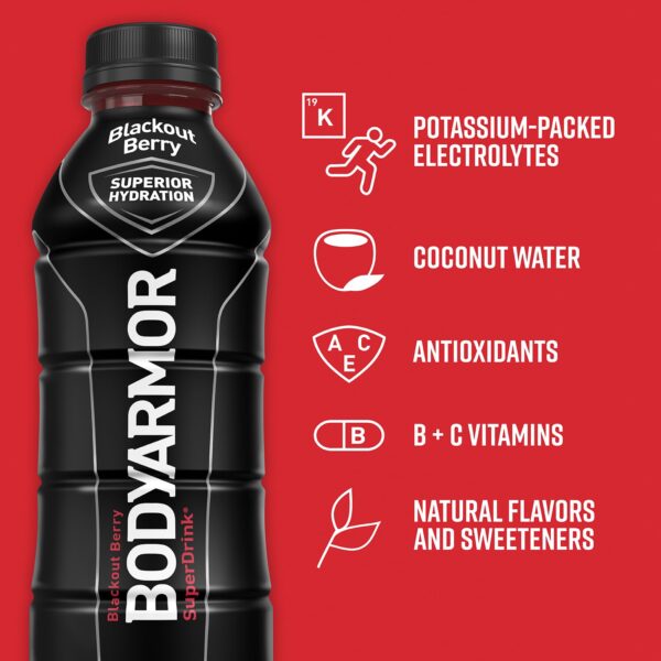 BODYARMOR Sports Drink Sports Beverage, Blackout Berry, Coconut Water Hydration, Natural Flavors With Vitamins, Potassium-Packed Electrolytes, Perfect For Athletes, 16 Fl Oz (Pack of 12)