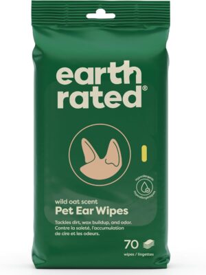 Earth Rated Pet Ear Wipes, Hypoallergenic Cleaner for Dogs & Cats Ears to Remove Dirt and Wax Build Up, Wild Oat Scent, 70 Count