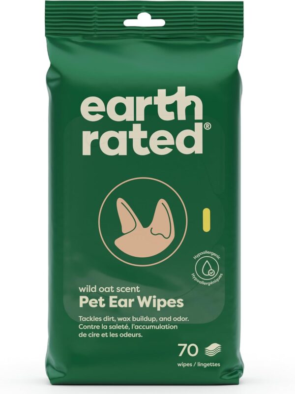 Earth Rated Pet Ear Wipes, Hypoallergenic Cleaner for Dogs & Cats Ears to Remove Dirt and Wax Build Up, Wild Oat Scent, 70 Count