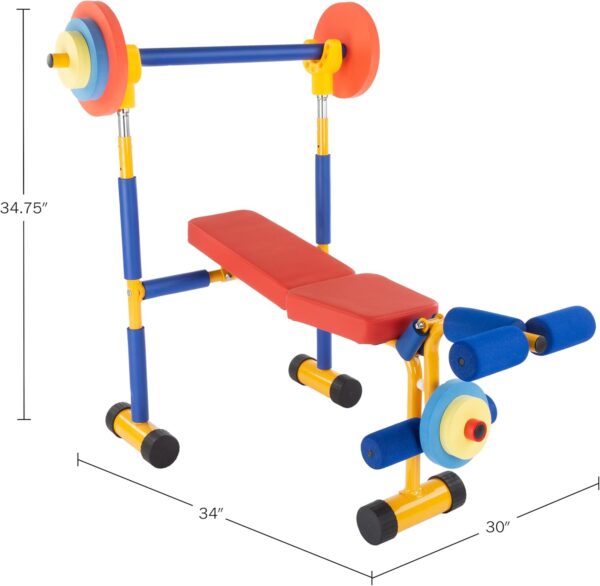Hey! Play! Kids Weight Bench Set - Toddler Gym for Beginner Exercises and Weightlifting with Leg Press and Barbell - Toys for Ages 3 and Up Medium