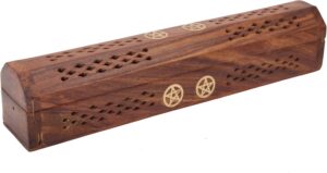 raajsee Beautiful Handmade Wooden Brown Incense Stick Holder Burner Storage Coffin Box - Ash Catcher with Brass Inlay -Home Utilities & Accessories -Meditation -Great Gift for Any Occasion 12x2 inch