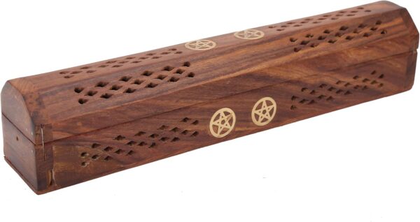 raajsee Beautiful Handmade Wooden Brown Incense Stick Holder Burner Storage Coffin Box - Ash Catcher with Brass Inlay -Home Utilities & Accessories -Meditation -Great Gift for Any Occasion 12x2 inch