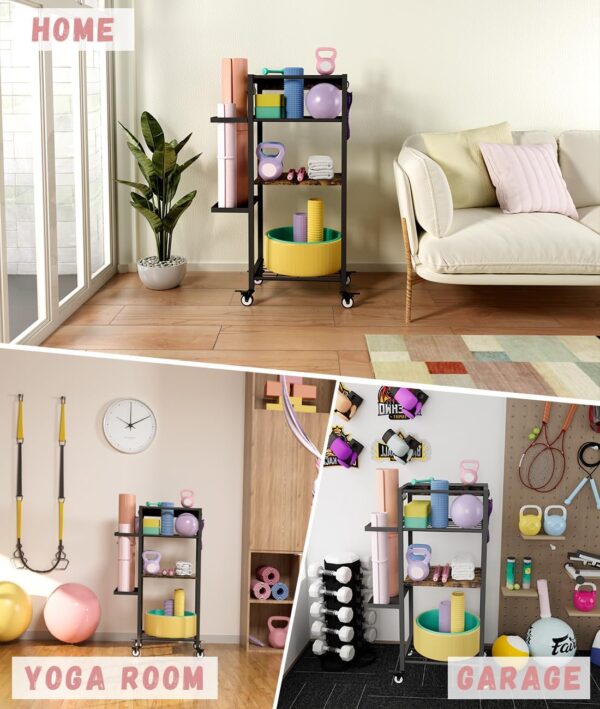 Yoga Mat Storage Rack with Wheels, 3 Tier Home Gym Workout Equipment Organizer for Dumbbells, Kettlebells, Foam Rollers