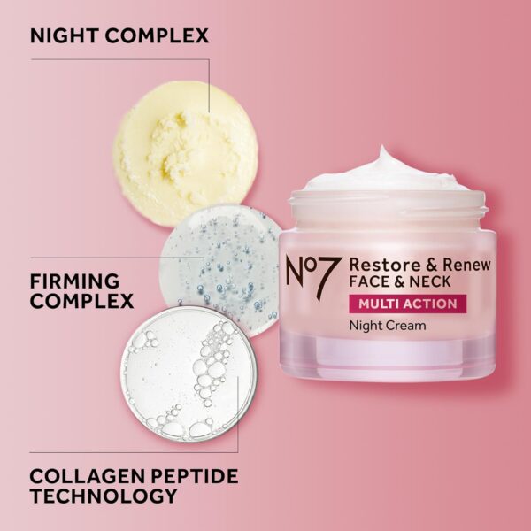 No7 Restore & Renew Multi Action Face & Neck Night Cream - Collagen Peptide Anti-Aging Face Cream - Hydrating Hyaluronic Acid Night Cream - Shea Butter + Vitamin E Skin Firming Night Cream (50ml)