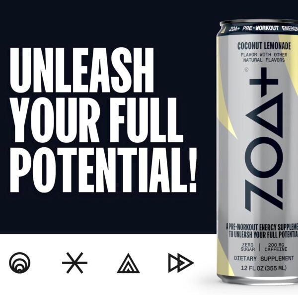 ZOA+ Pre-Workout Energy Drink Supplement - NSF Certified for Sport with Zero Sugar, Nitric Oxide Support, B & D Vitamins, Amino Acids, and Electrolytes (Coconut Lemonade)