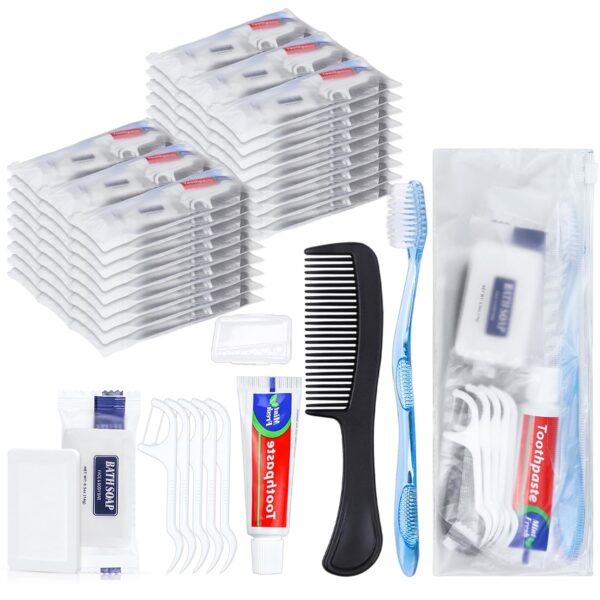 25 Sets Personal Hygiene Kit, Disposable Toothbrushes with Toothpaste Floss Comb Soap and Cover, Toiletry Kits Homeless Bulk for Women,Men,Travel