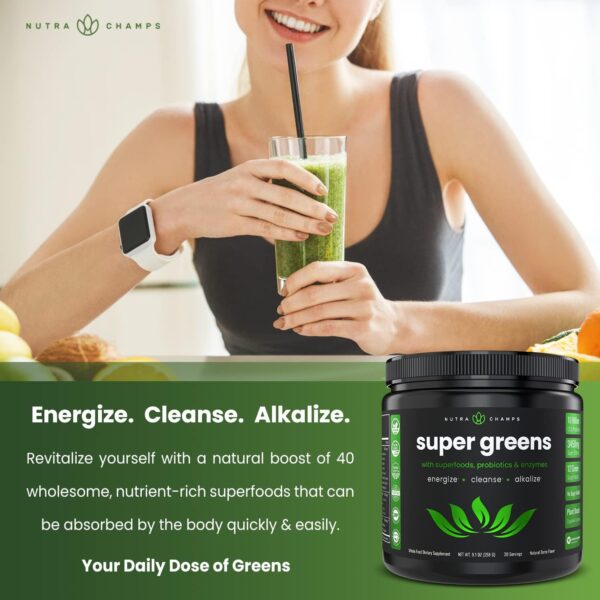 NutraChamps Super Greens Powder Premium Superfood | 20+ Organic Green Veggie Whole Foods | Wheat Grass, Spirulina, Chlorella | Antioxidant, Digestive Enzyme & Probiotic Blends (9.0 Oz, Berry)