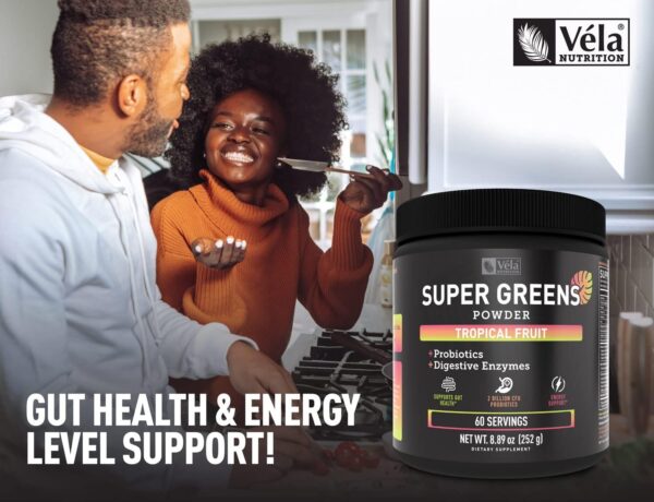 Super Greens Powder | Superfood to Support Digestive Enzymes and Bloating with 2 Billion Probiotics | Support Energy Levels & Gut Health | GMP Certified, Non-GMO | Tropical Fruit Refresher