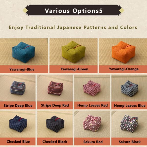 EMOOR Japanese Buckwheat Hulls Seiza Cushion Large 10x10x7in Made in Japan (Hemp-Leaves Blue), Natural Buckwheat Husks Sobagara Floor Sitting Pillow Tatami Cool Nap Side Sleepers