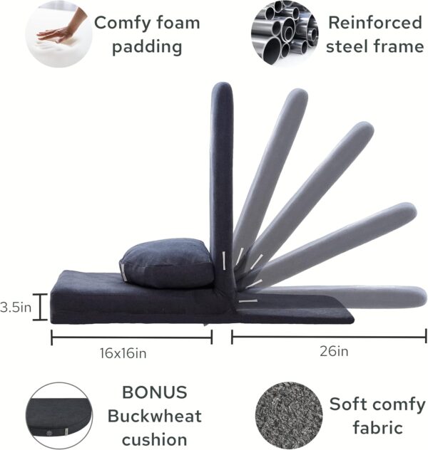 Mindful Modern Folding Pro Meditation Chair - Adjustable Meditation Seat with Back Support and Half Moon Buckwheat Meditation Cushion - Comfortable Mindfulness Living Room Floor Chair