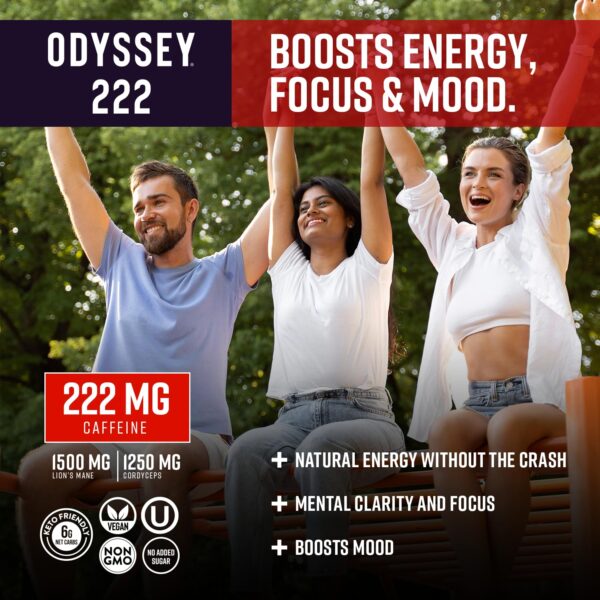 Odyssey Elixir - Odyssey 222 - Sparkling Energy Drink - 222 mg of Caffeine - Lion's Mane & Cordyceps - Energy & Focus - Endurance & Stamina - Nootropic - Pre Workout - Strawberry Watermelon