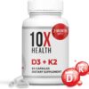 10X Health Vitamin D3 K2 - Loaded with 125 mcg Vitamin D and 90 mcg Vitamin K (Menaquinone 7) - D3 and K2 Supplements That Support Bone Health, Heart and Teeth - 60 Capsules