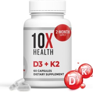 10X Health Vitamin D3 K2 - Loaded with 125 mcg Vitamin D and 90 mcg Vitamin K (Menaquinone 7) - D3 and K2 Supplements That Support Bone Health, Heart and Teeth - 60 Capsules
