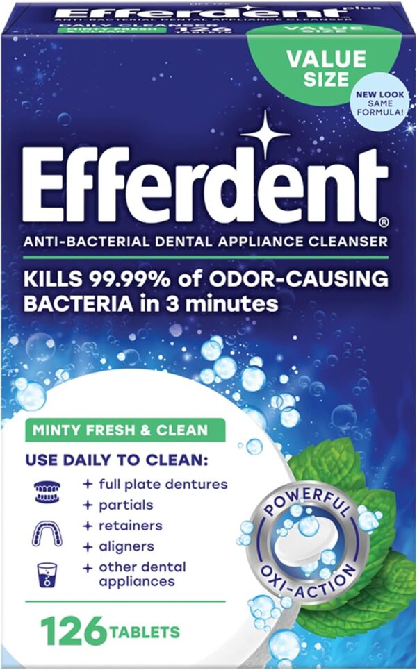 71NkBol1y1L._AC_SL1500_.jpg Efferdent Retainer Cleaning Tablets, Denture Cleaning Tablets for Dental Appliances, Minty Fresh & Clean, 126 Count