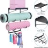 Yoga Mat Holder Wall Mount Yoga Mat Storage Rack Home Gym Accessories with 3 Sectional and 7 Hooks for Hanging Foam Roller and Resistance Bands at Fitness Class or Home Gym
