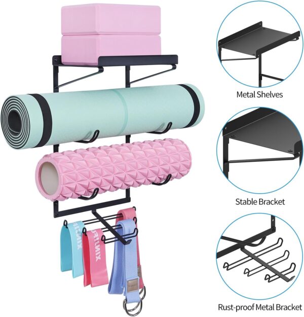 Yoga Mat Holder Wall Mount Yoga Mat Storage Rack Home Gym Accessories with 3 Sectional and 7 Hooks for Hanging Foam Roller and Resistance Bands at Fitness Class or Home Gym