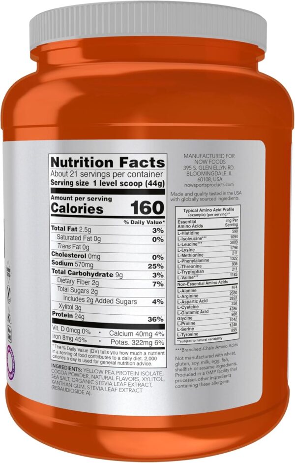 NOW Foods Sports Nutrition, Pea Protein 24 g, Easily Digested, Creamy Chocolate Powder, 2-Pound