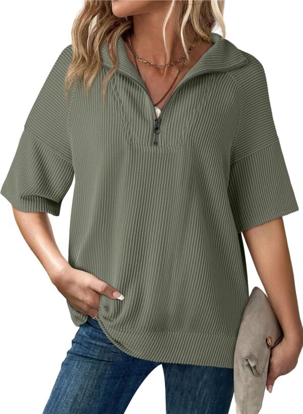 Dokotoo Womens Summer Short Sleeve Tops Zipper V Neck Lightweight Ribbed Knit Oversized Sweatshirt Casual Blouses Shirts