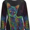 ZOCAVIA Women's Y2K Art Cat Sweatshirts Fall Abstract Cat Graphic Pullover Tops Long Sleeve Oil Painting Cat Printed T Shirts