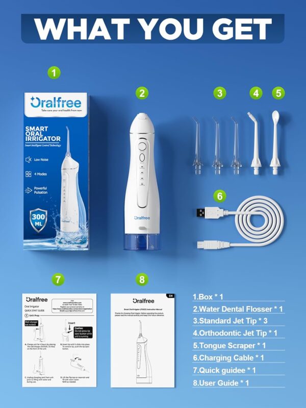 Oralfree Water Dental Flosser Cordless for Teeth Cleaning - 4 Modes Oral Irrigator 300ML Braces Flossers Cleaner, Rechargeable Portable IPX7 Waterproof Powerful Battery for Travel Home
