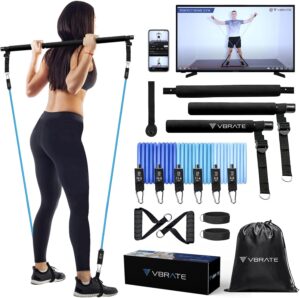 Pilates Bar Kit with 6 Resistance Bands - Multifunctional Yoga Bar for Women & Men with Heavy Duty Metal Adjustment Buckle, Portable Home Gym Workout Equipment for Full Body Workouts