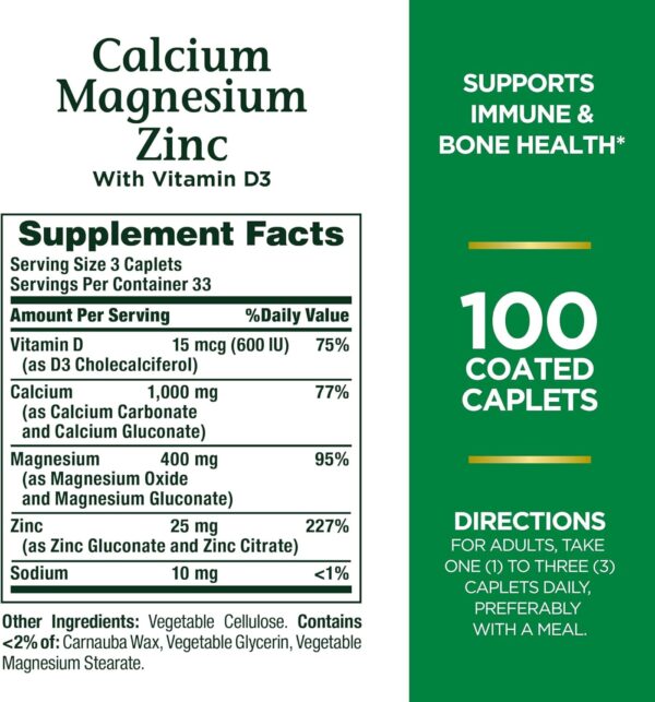 Nature's Bounty Calcium Magnesium & Zinc Caplets, Immune & Supporting Bone Health, 100 Count