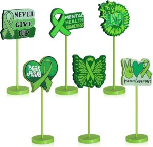 Amyhill 6 Pcs Mental Health Awareness Month Wooden Centerpieces Motivational Mental Health Awareness Standing Block Sign Set Green Ribbon Table Signs Decorations for Office Charity Party Supplies