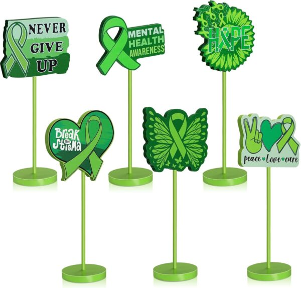 Amyhill 6 Pcs Mental Health Awareness Month Wooden Centerpieces Motivational Mental Health Awareness Standing Block Sign Set Green Ribbon Table Signs Decorations for Office Charity Party Supplies