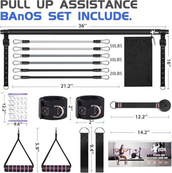 Pilates Bar Kit with Resistance Bands, Workout Sets for Women & Men, Qicool Pilates Resistance Bands Exercise Fitness Equipment Home Gym Yoga, Multifunctional Full Body